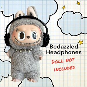 Labubu Bedazzled Rhinestone Embellished Headphones - Black